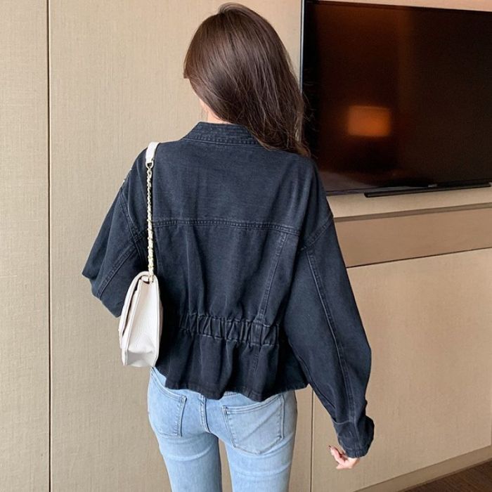 Studded V-Neck Denim Jacket with Elastic Cinch Waist