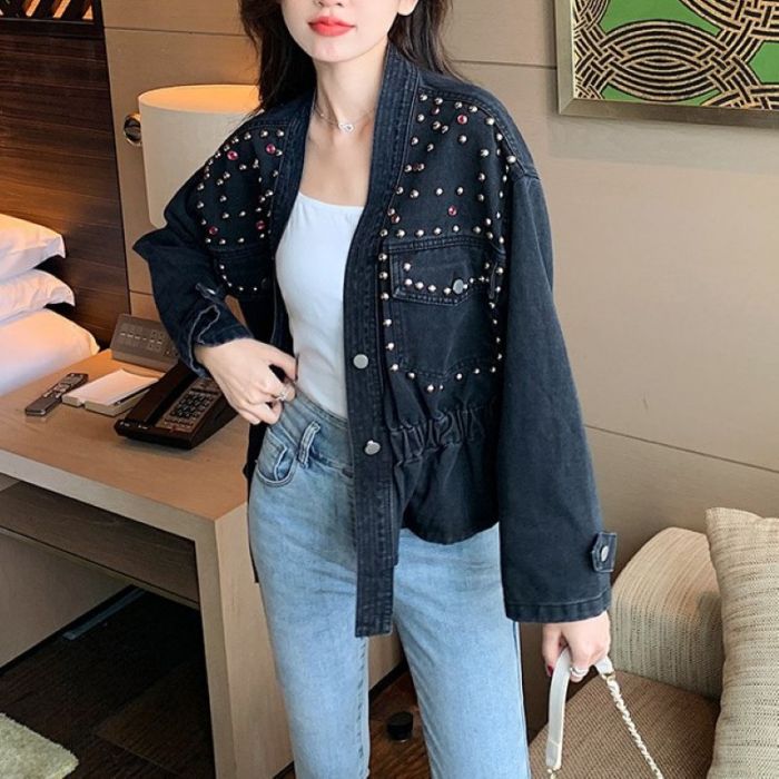 Studded V-Neck Denim Jacket with Elastic Cinch Waist