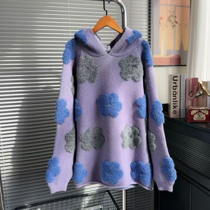 3D Floral Knitted Hoodie Sweater