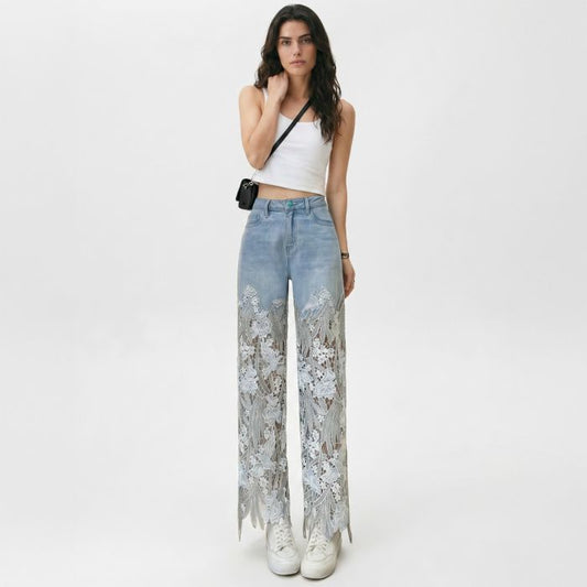 Lace Patchwork Wide Leg Jeans