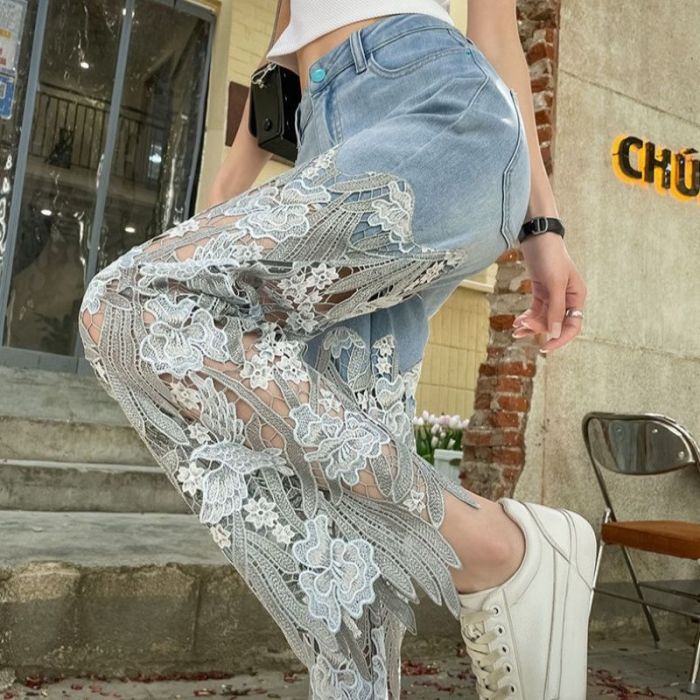 Lace Patchwork Wide Leg Jeans