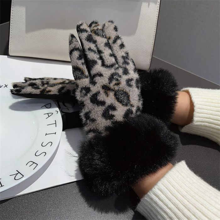 Leopard Print Winter Gloves with Faux Fur Trim Cuffs