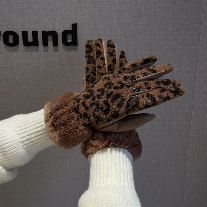 Leopard Print Winter Gloves with Faux Fur Trim Cuffs