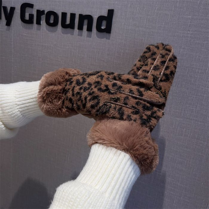 Leopard Print Winter Gloves with Faux Fur Trim Cuffs