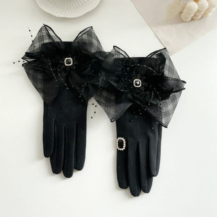 Black Sheer Bow & Rhinestone Detail Gloves