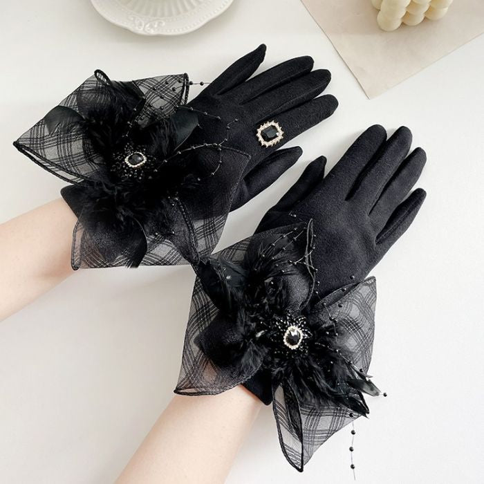 Black Sheer Bow & Rhinestone Detail Gloves