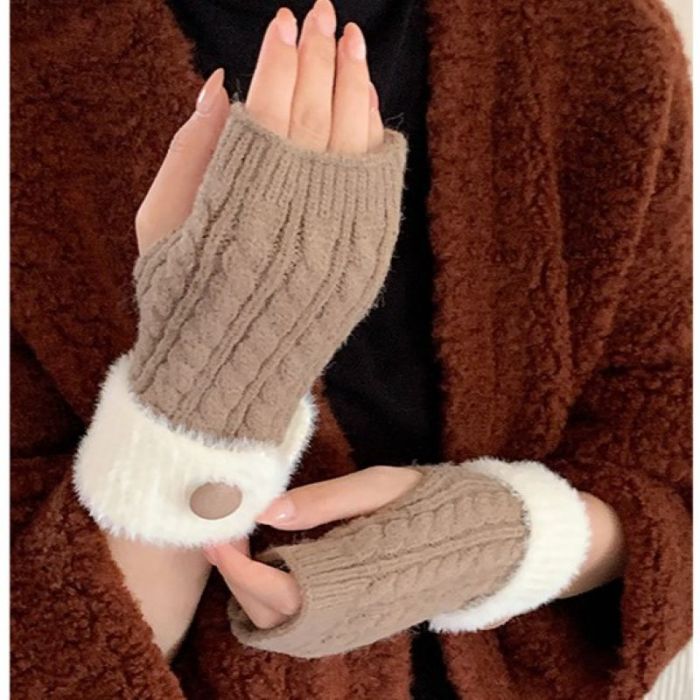 Cable Knit Fingerless Gloves with Faux Fur Trim and Button