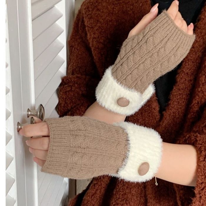 Cable Knit Fingerless Gloves with Faux Fur Trim and Button