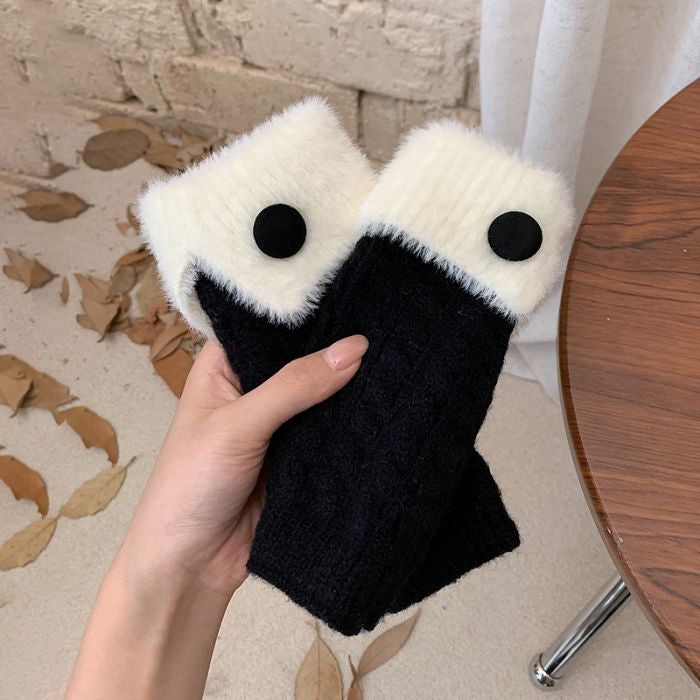 Cable Knit Fingerless Gloves with Faux Fur Trim and Button