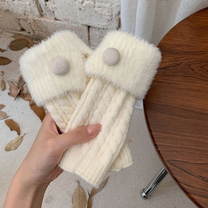 Cable Knit Fingerless Gloves with Faux Fur Trim and Button