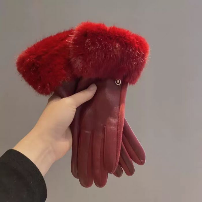 Fur Trim Faux Leather Gloves