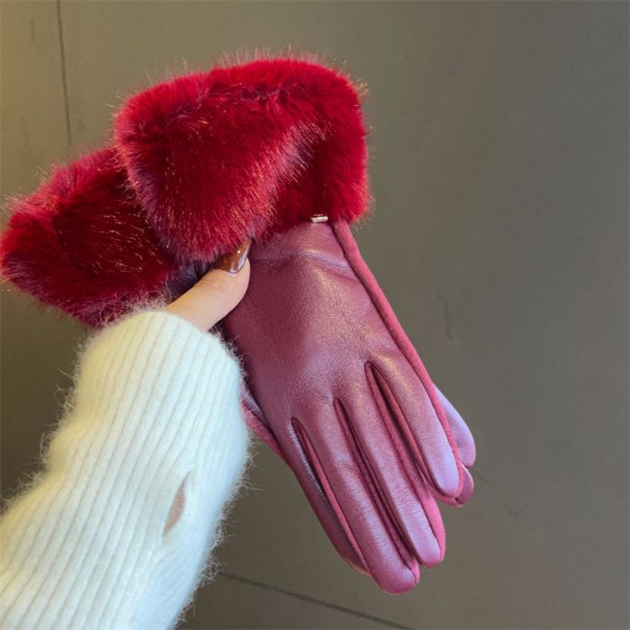 Fur Trim Faux Leather Gloves