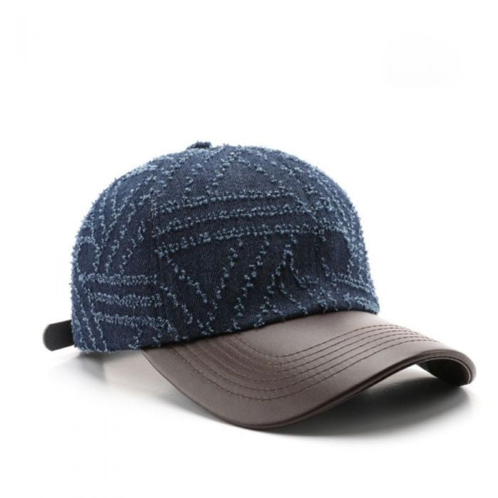 Textured Denim Cap with Brown Visor
