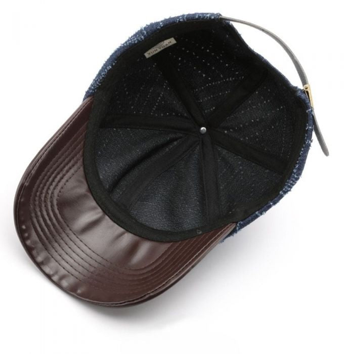 Textured Denim Cap with Brown Visor