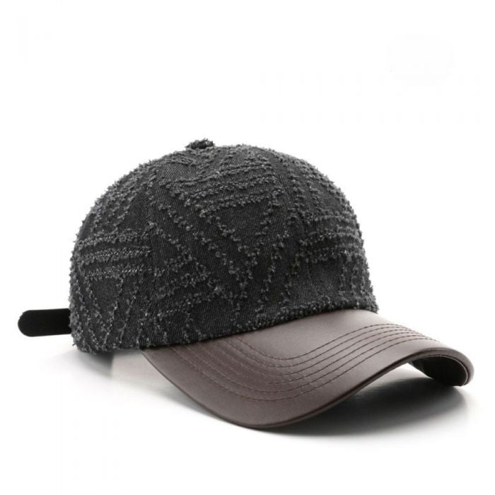 Textured Denim Cap with Brown Visor